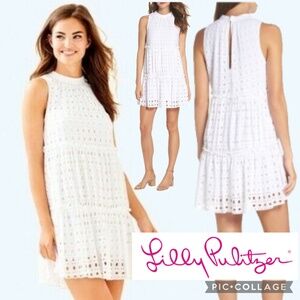 Lilly Pulitzer Indira Swing Dress Resort White Eyelet Mock Neck Tiered Size S